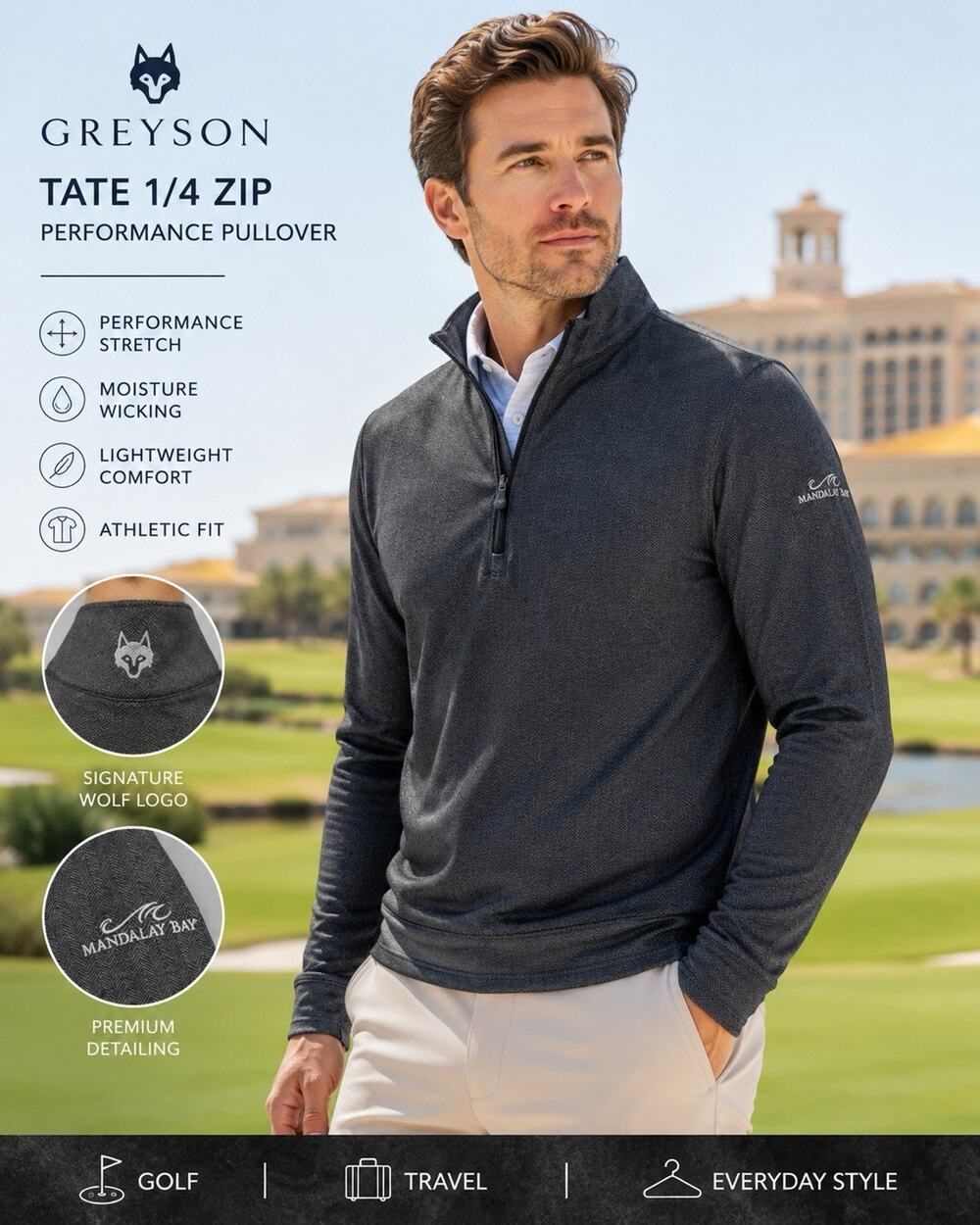 Greyson Tate Quarter Zip Mens XL Gray Herringbone Golf Pullover Mandalay Bay
